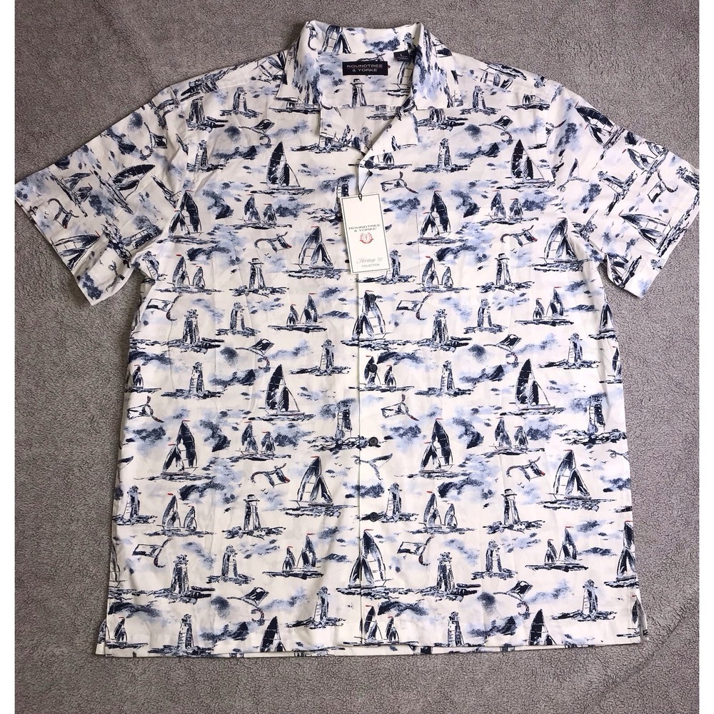 NEW Roundtree & Yorke Men's SS Large Hawaiian Blueโ White Button Up Shirt